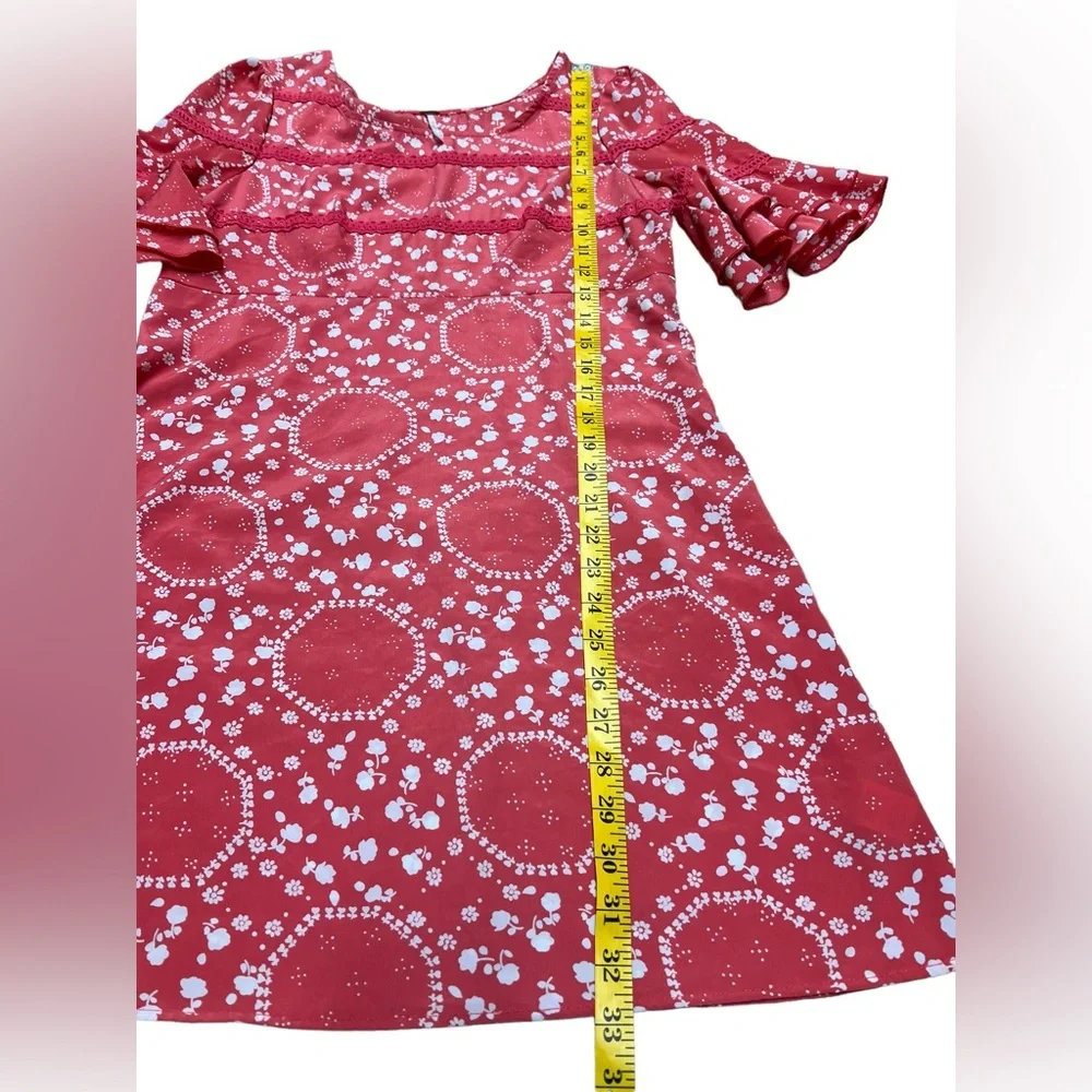 FREE PEOPLE Coral Geo Garden Shift Dress Size 6 Ruffle Sleeve Boho Floral Pink